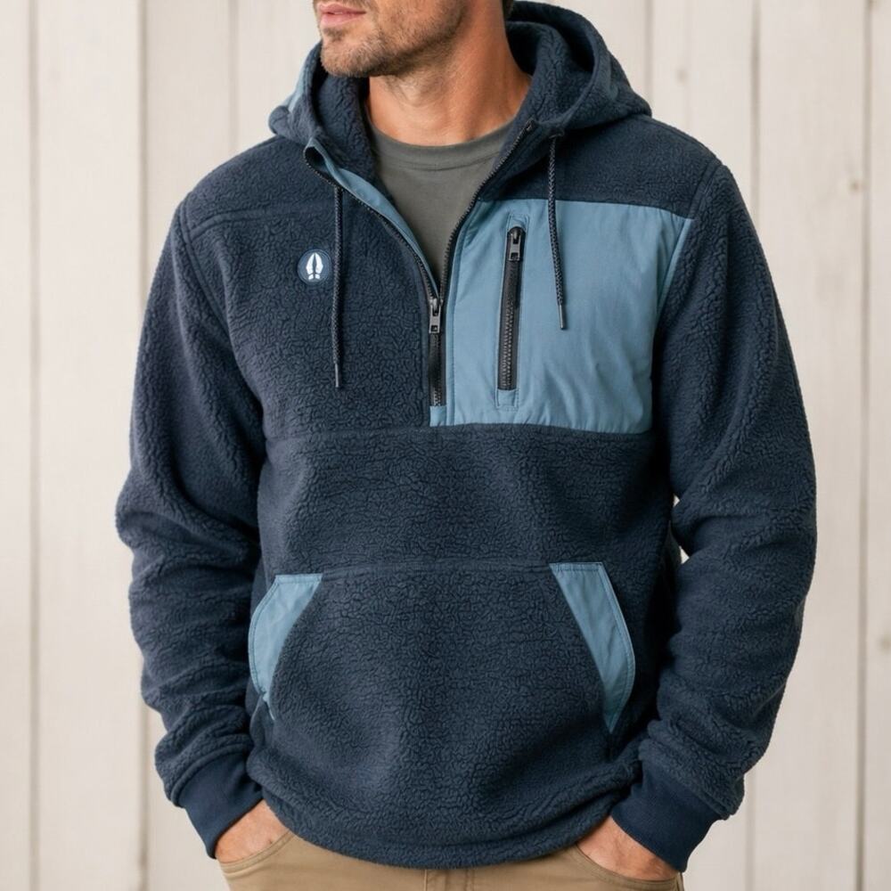 Bearded Goat Blue Northwest Camp Hoodie Fleece Cozy Sherpa Jacket L